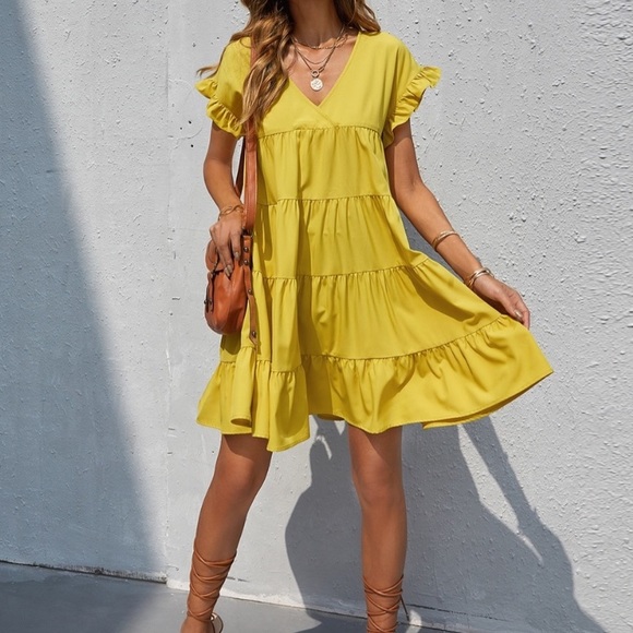 Boho v neck ruffle sleeve smock mini dress - Picture 6 of 16